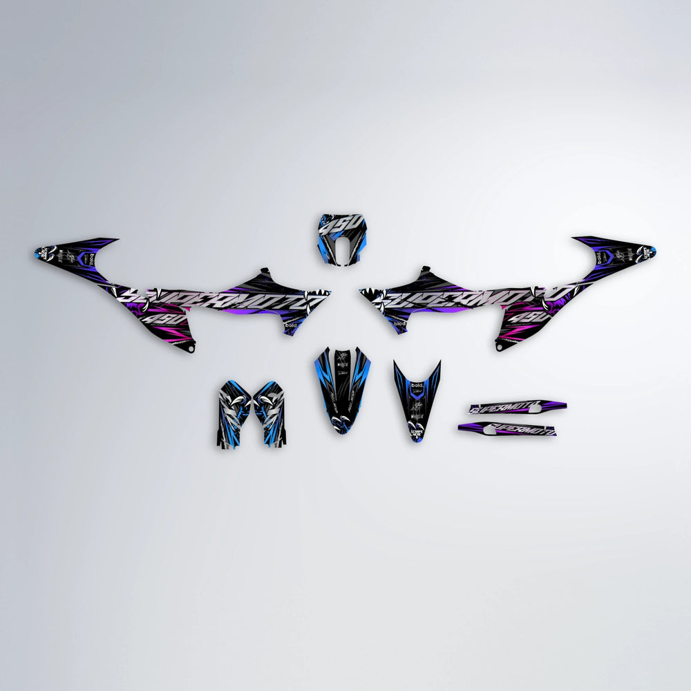 SAVAGE Stark Varg MX graphics kit parts layout in Blue Purple Fade