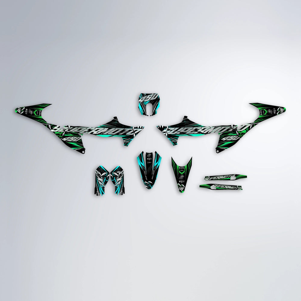 SAVAGE Stark Varg MX graphics kit parts layout in Cyan & Green
