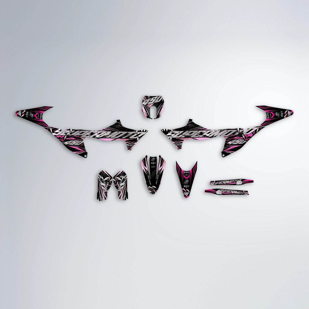 SAVAGE Stark Varg MX graphics kit parts layout in Flamingo