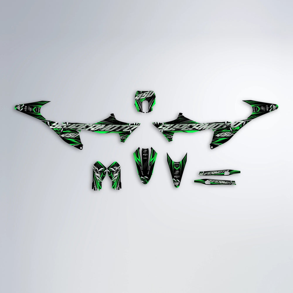 SAVAGE Stark Varg MX graphics kit parts layout in Green