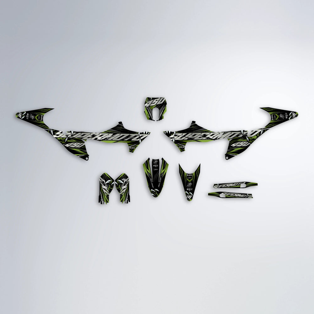 SAVAGE Stark Varg MX graphics kit parts layout in Olive