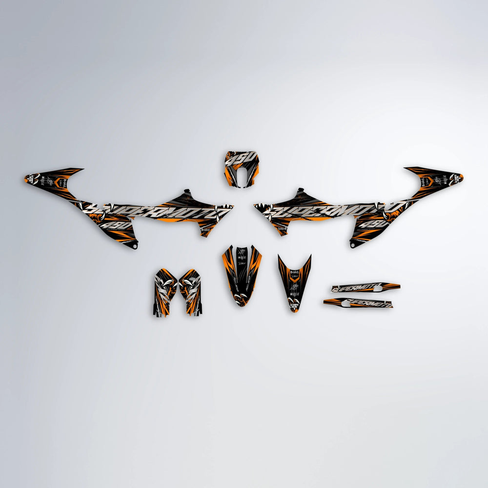 SAVAGE Stark Varg MX graphics kit parts layout in Orange