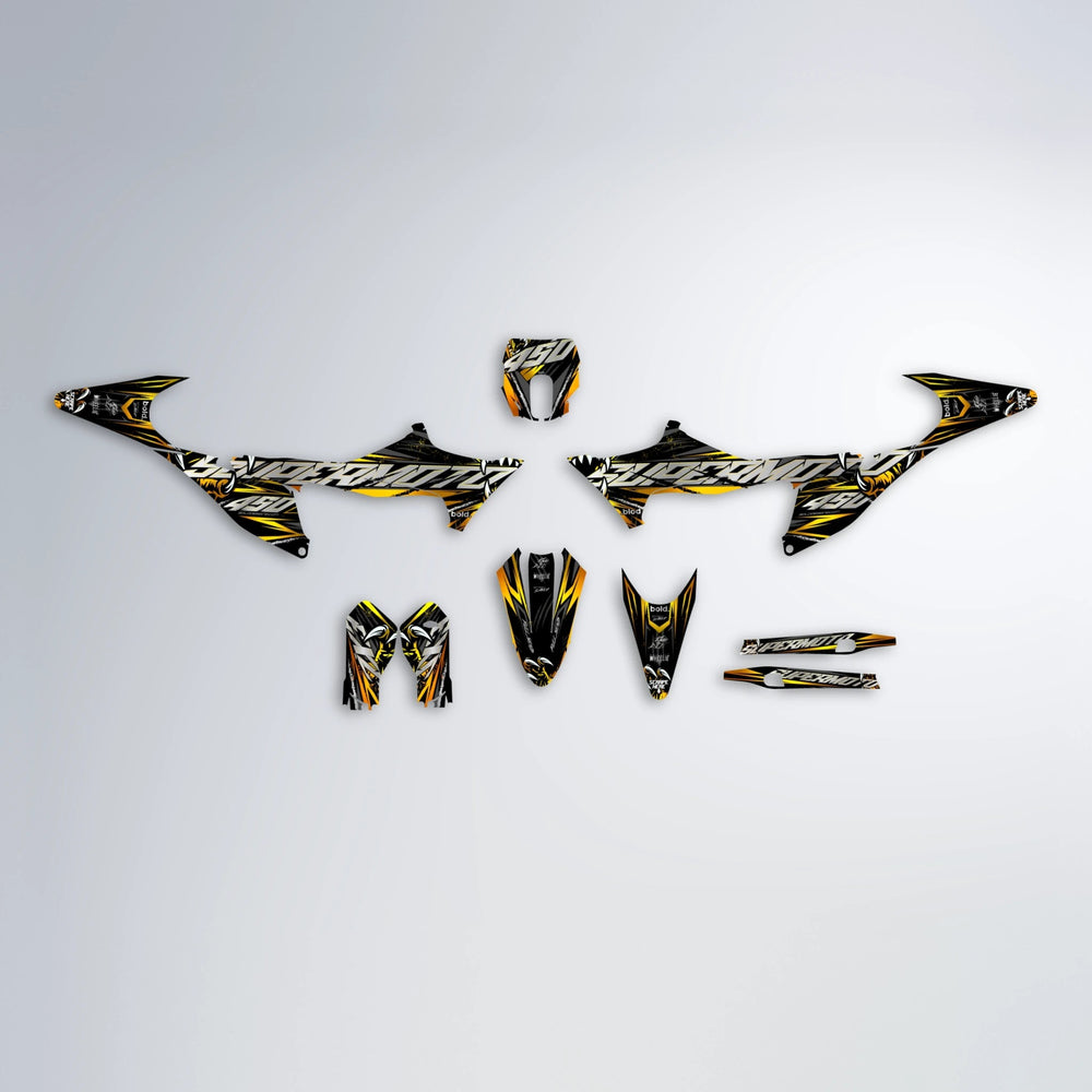 SAVAGE Stark Varg MX graphics kit parts layout in Orange & Yellow