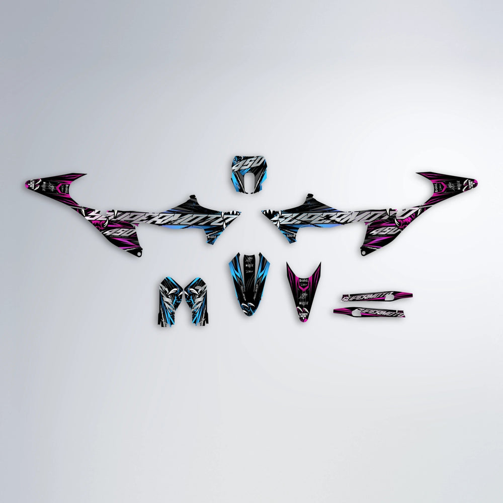 SAVAGE Stark Varg MX graphics kit parts layout in Pink & Light Blue