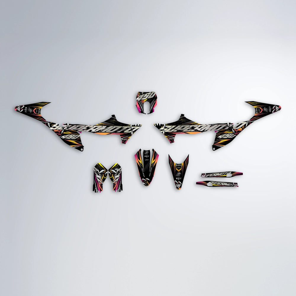 SAVAGE Stark Varg MX graphics kit parts layout in Pink & Yellow
