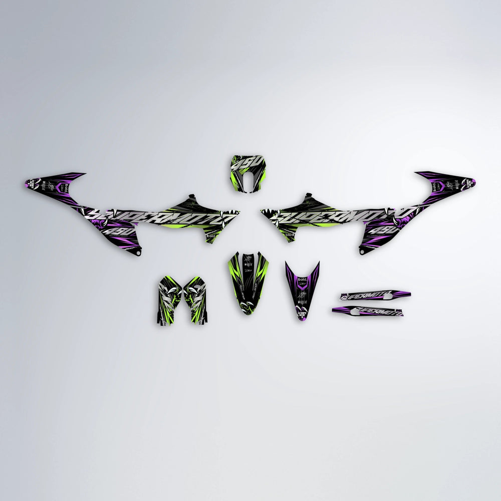 SAVAGE Stark Varg MX graphics kit parts layout in Purple & Yellow