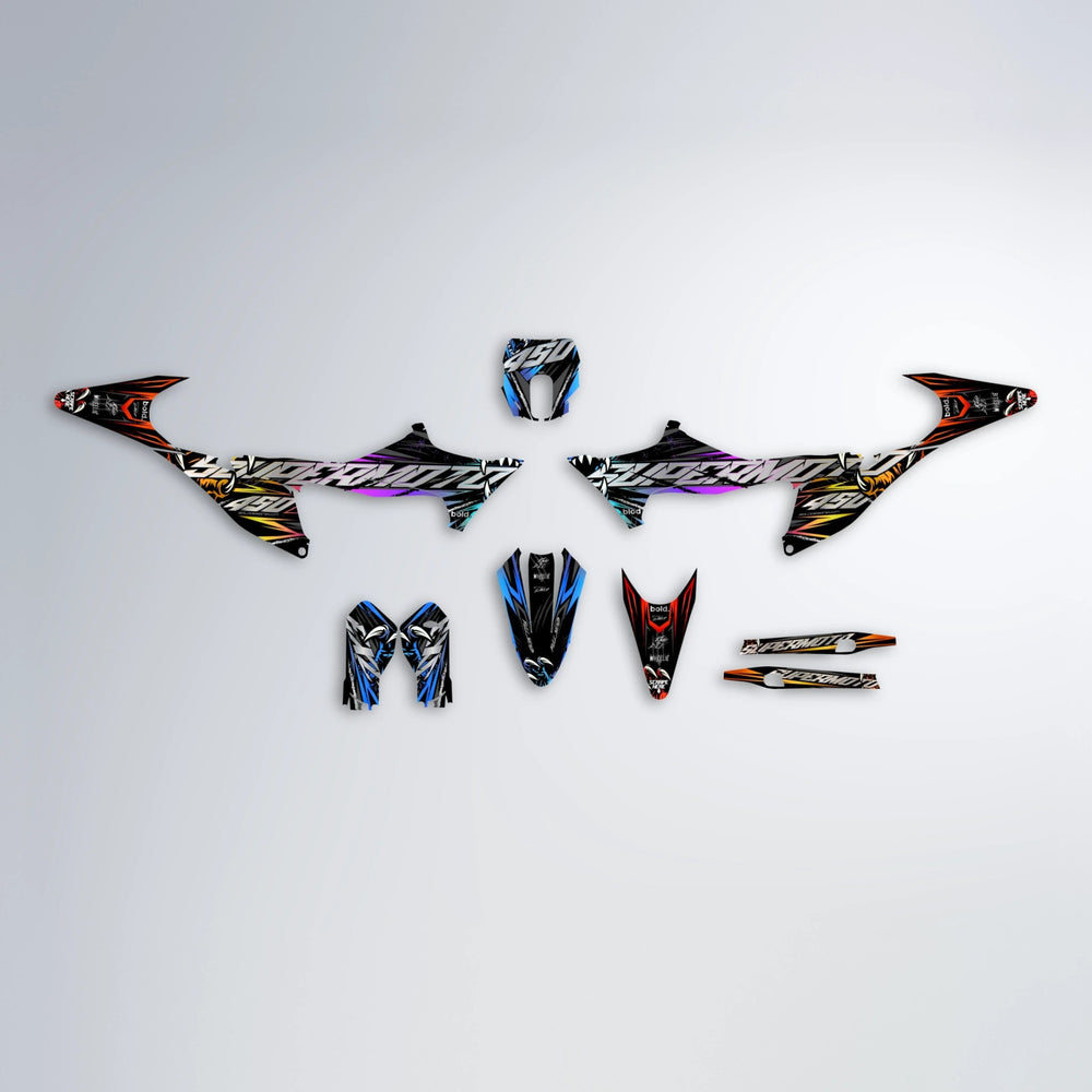 SAVAGE Stark Varg MX graphics kit parts layout in Sunset Fade