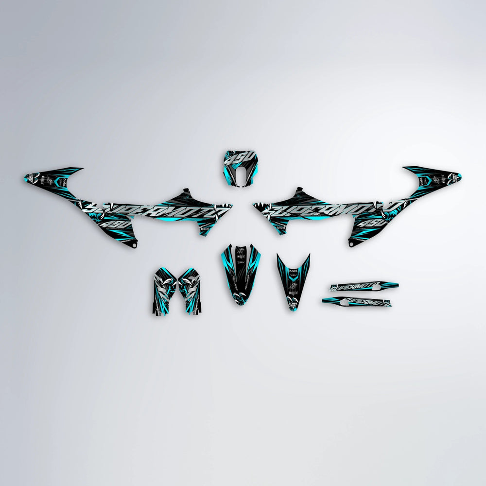 SAVAGE Stark Varg MX graphics kit parts layout in Teal