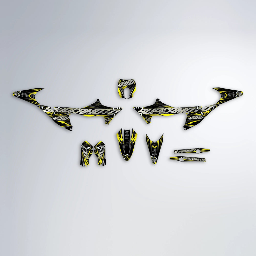 SAVAGE Stark Varg MX graphics kit parts layout in Yellow