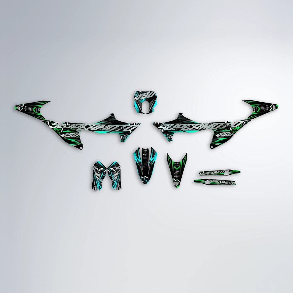 SAVAGE Stark Varg SM graphics kit parts layout in Cyan & Green