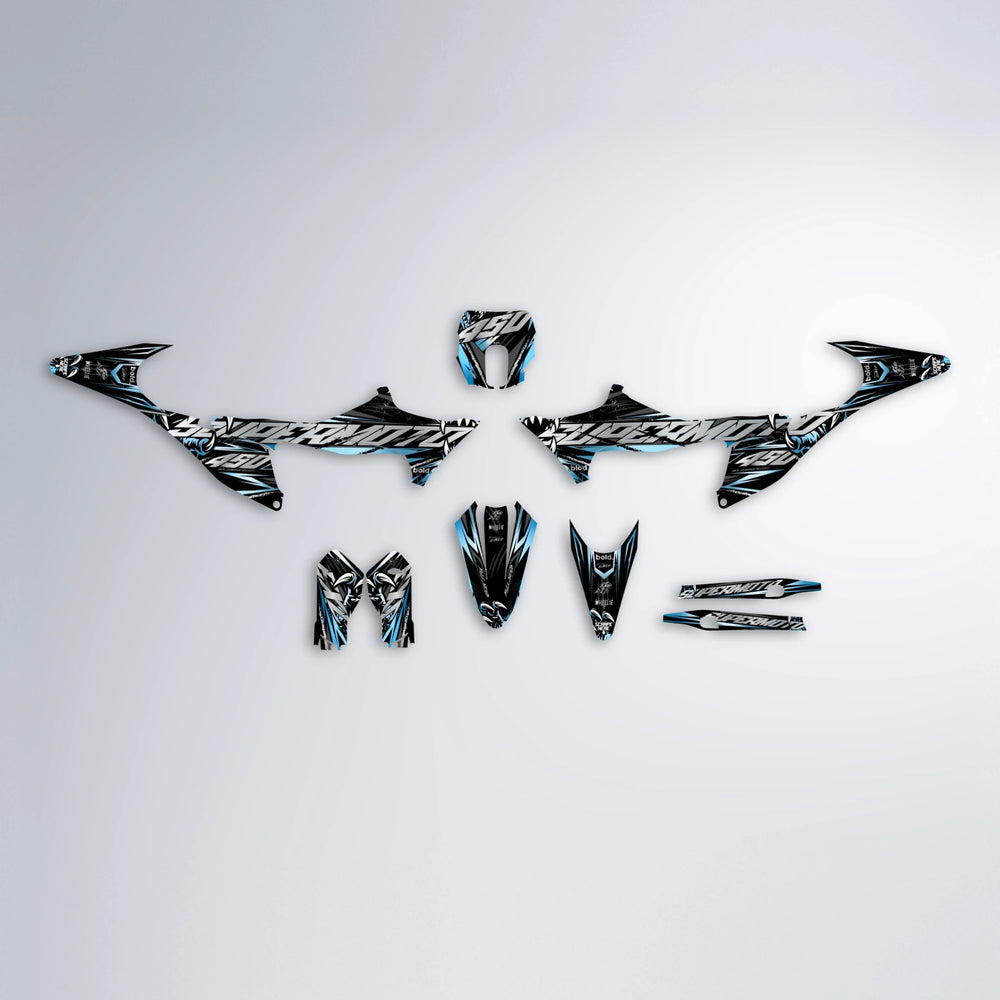 SAVAGE Stark Varg SM graphics kit parts layout in Light Blue & White