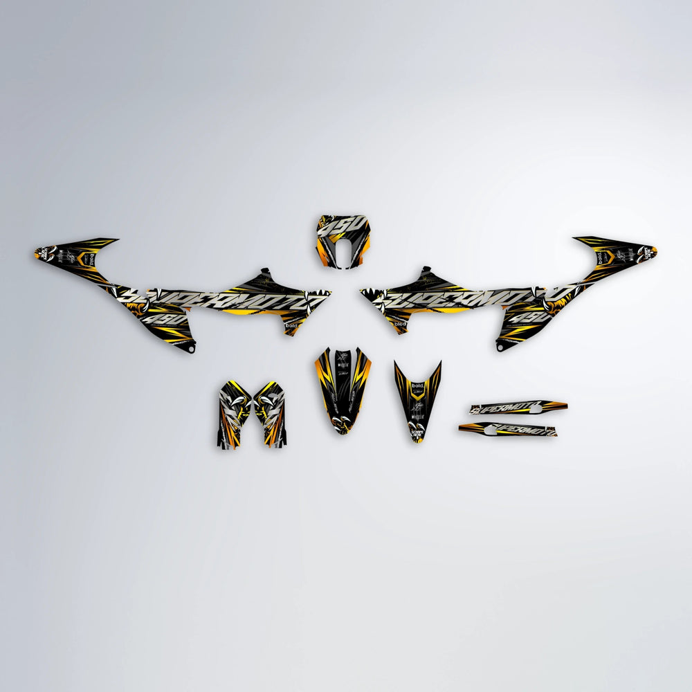 SAVAGE Stark Varg SM graphics kit parts layout in Orange & Yellow