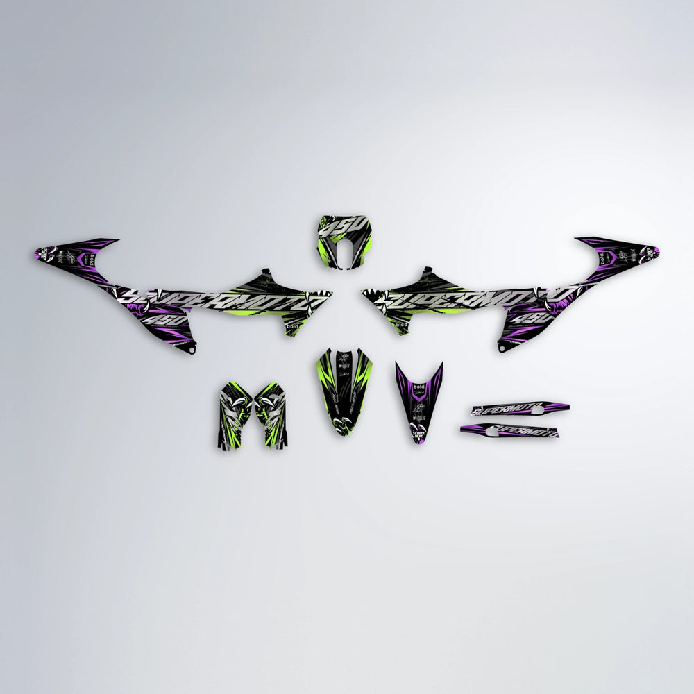 SAVAGE Stark Varg SM graphics kit parts layout in Purple & Yellow
