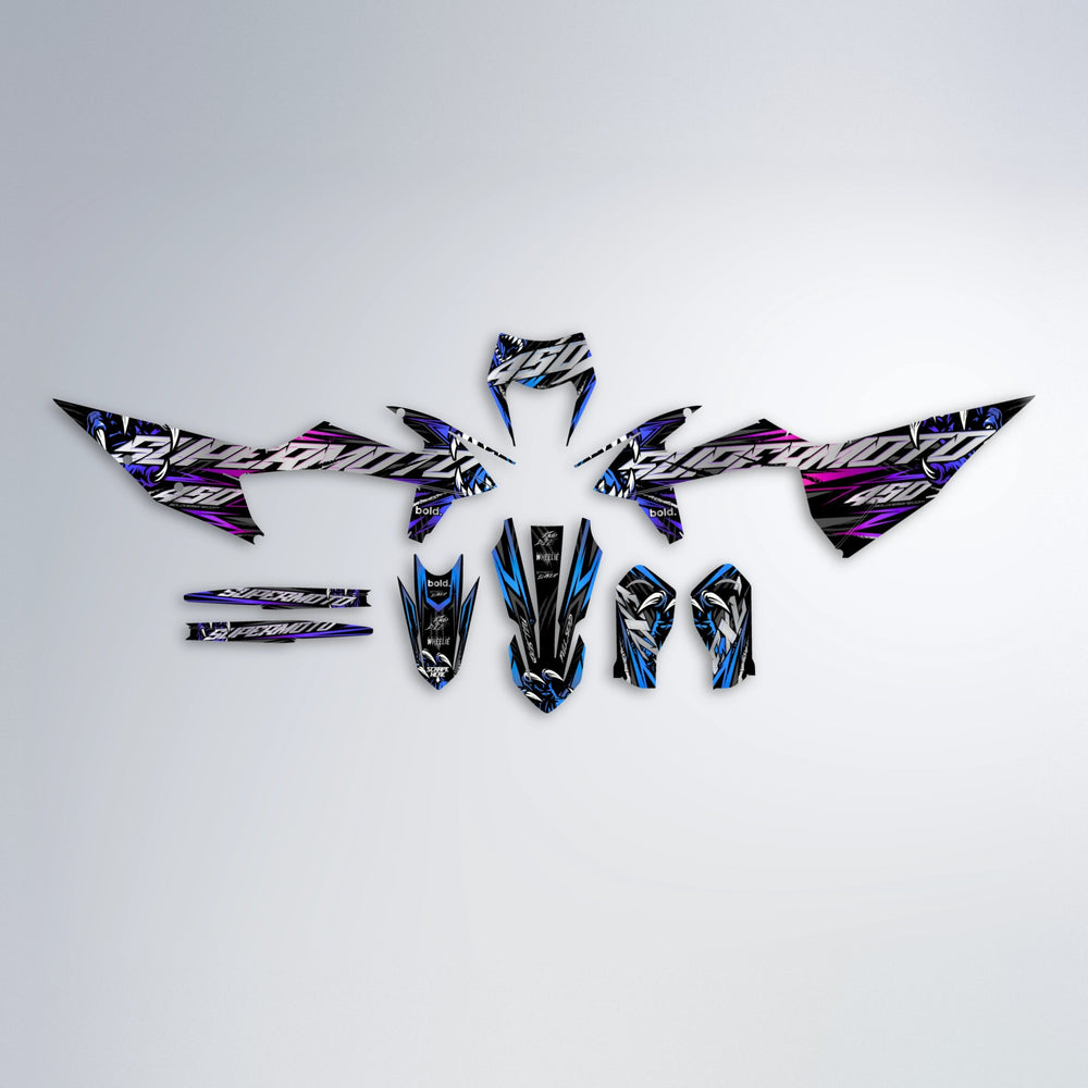 SAVAGE graphics kit parts layout in Blue Purple Fade