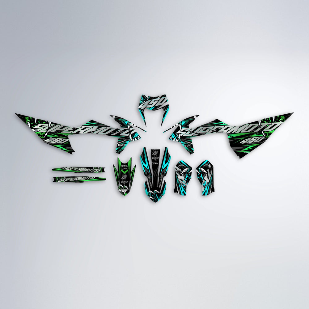 SAVAGE graphics kit parts layout in Cyan & Green