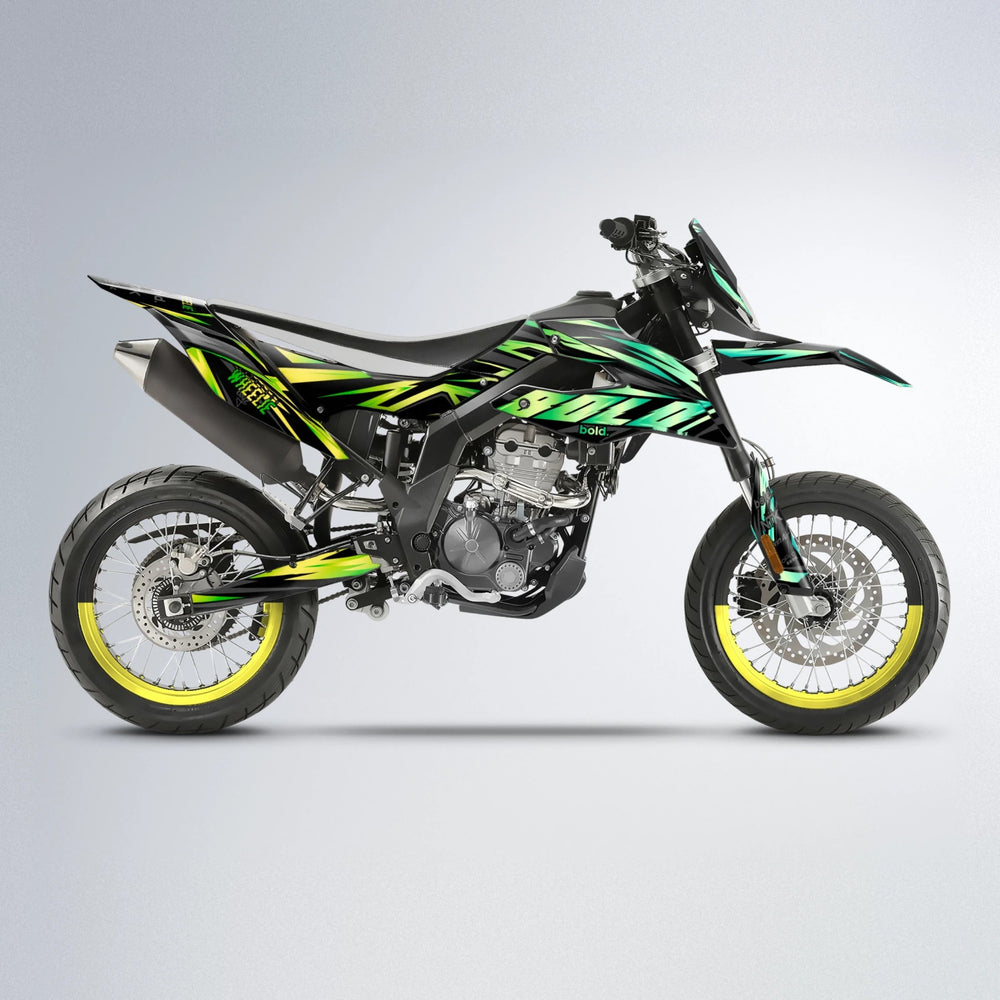 SCAN Aprilia SX 125 supermoto graphics kit in Cyan & Green