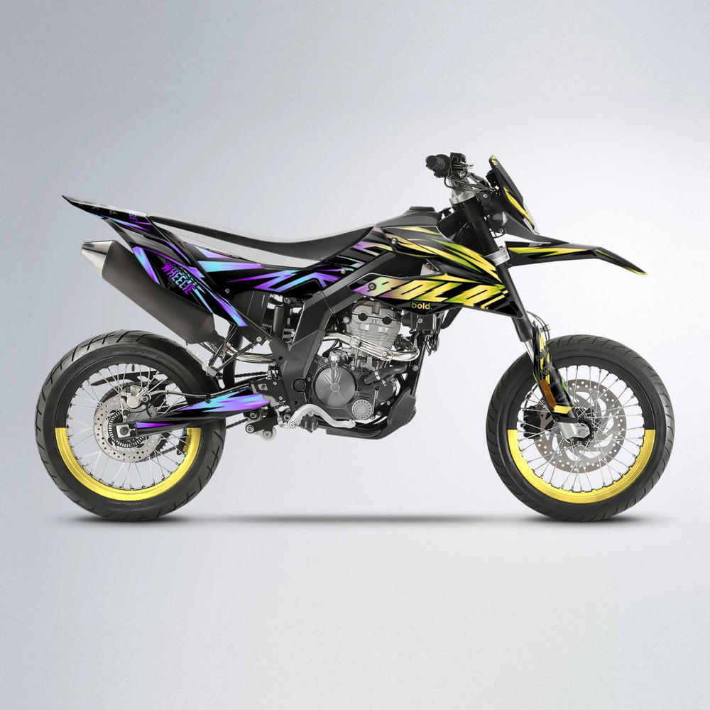 SCAN Aprilia SX 125 supermoto graphics kit in Purple & Yellow