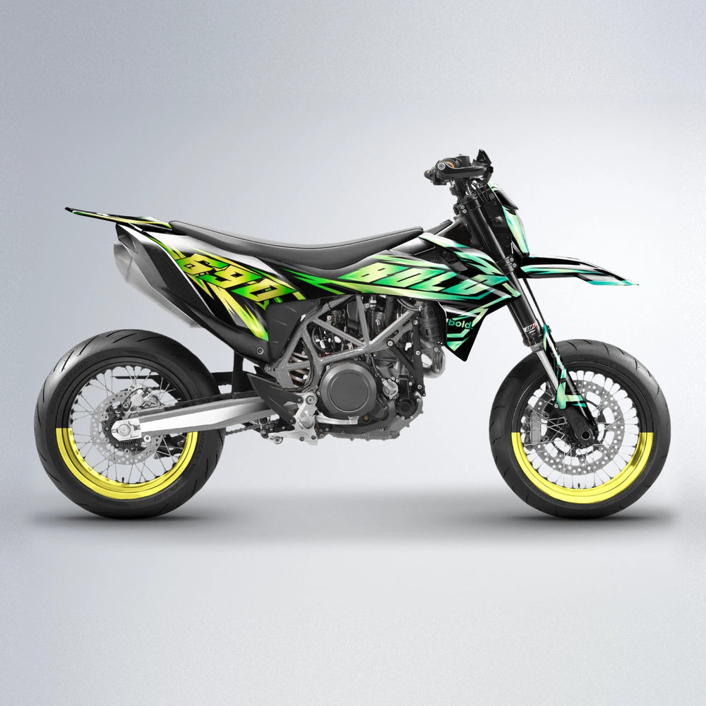 SCAN KTM SMC 690 supermoto graphics kit in Cyan & Green