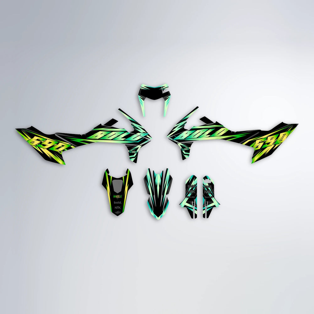 SCAN KTM SMC 690 graphics kit parts layout in Cyan & Green