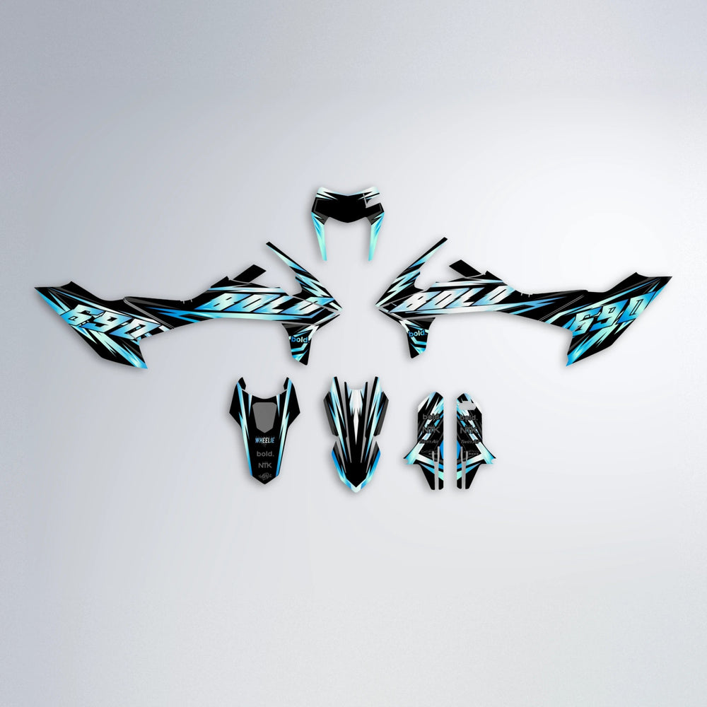 SCAN KTM SMC 690 graphics kit parts layout in Light Blue & White