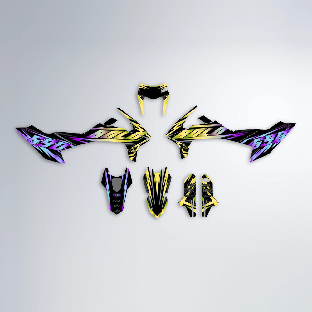 SCAN KTM SMC 690 graphics kit parts layout in Purple & Yellow