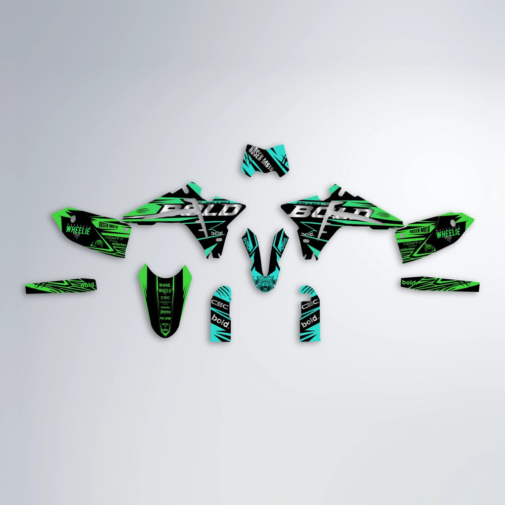SEBBE ROSEN Fantic graphics kit parts layout in Cyan & Green