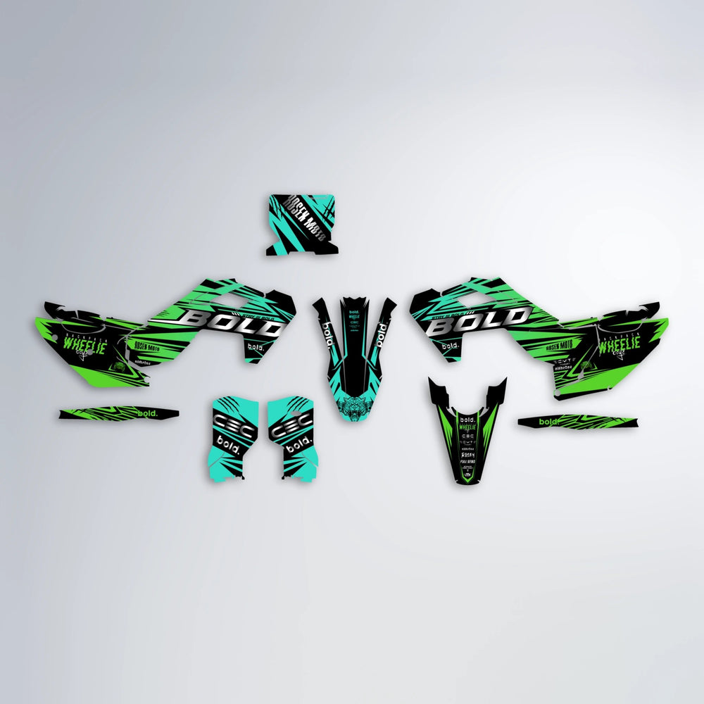 SEBBE ROSEN Husqvarna FE/TE graphics kit parts layout in Cyan & Green