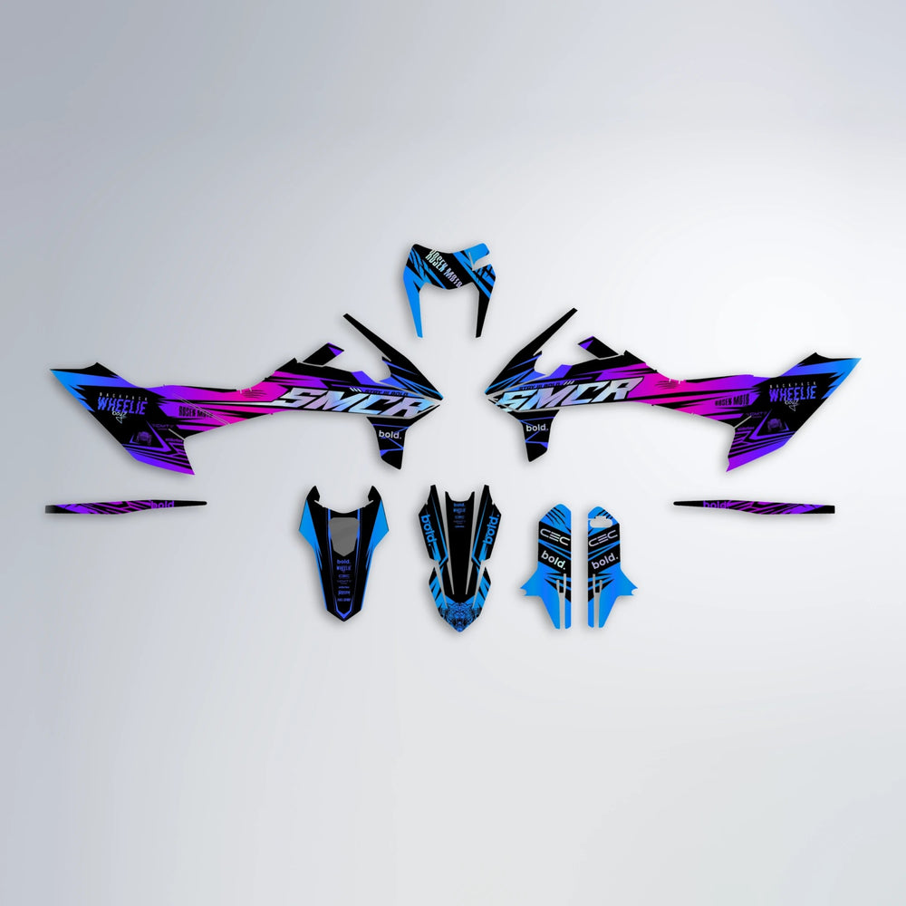 SEBBE ROSEN KTM SMC 690 graphics kit parts layout in Blue Purple Fade