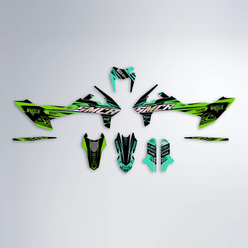 SEBBE ROSEN KTM SMC 690 graphics kit parts layout in Cyan & Green
