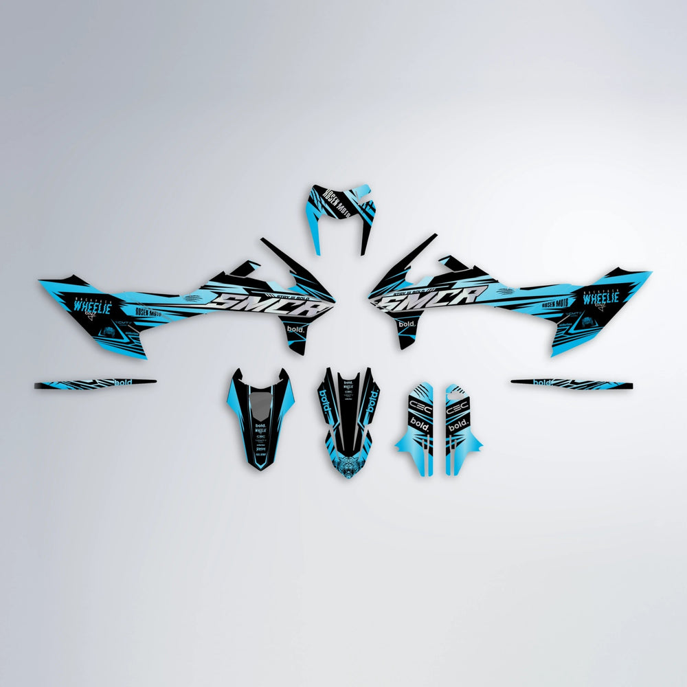 SEBBE ROSEN KTM SMC 690 graphics kit parts layout in Light Blue & White