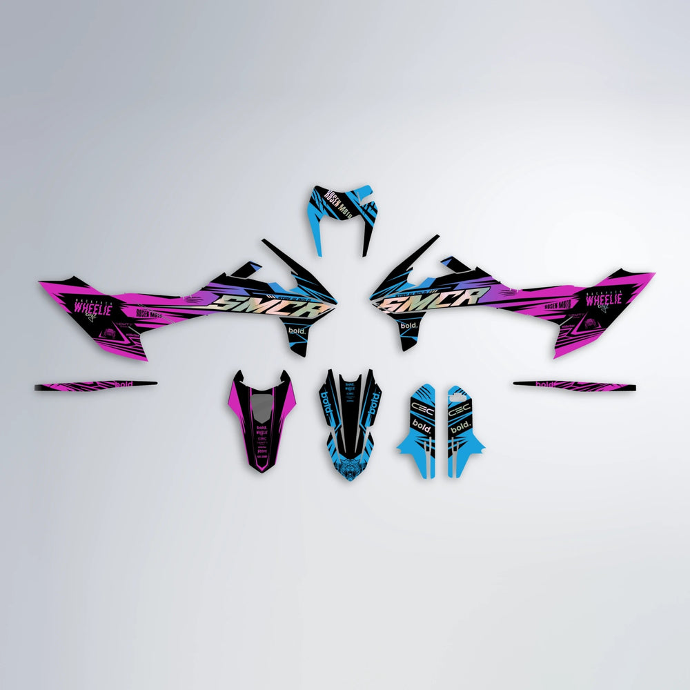 SEBBE ROSEN KTM SMC 690 graphics kit parts layout in Pink & Light Blue
