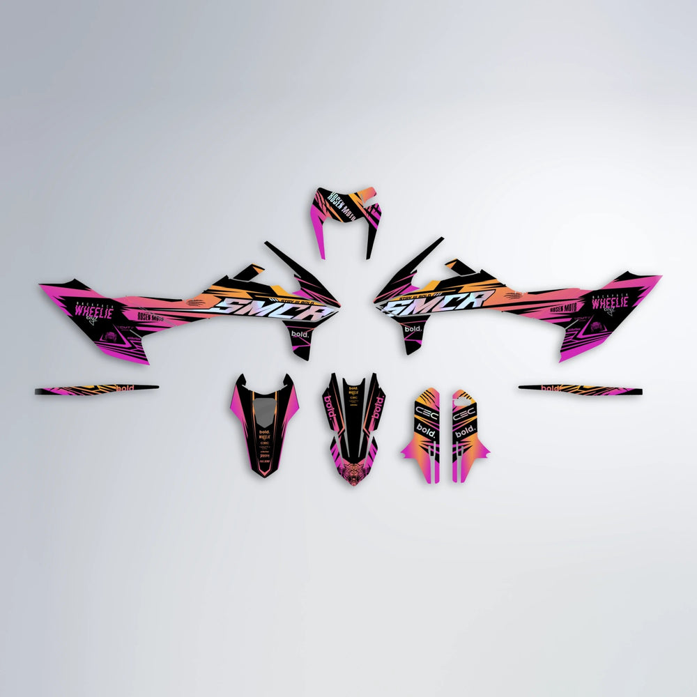 SEBBE ROSEN KTM SMC 690 graphics kit parts layout in Pink & Yellow