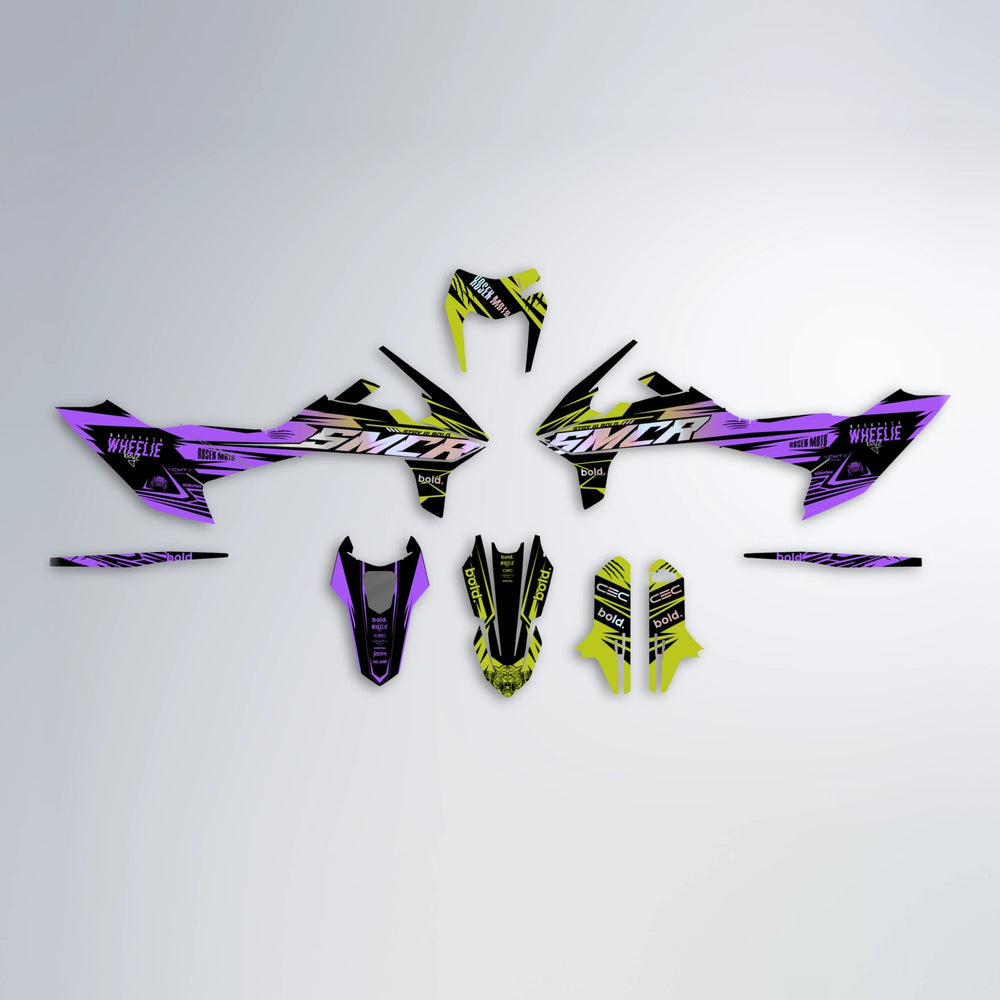 SEBBE ROSEN KTM SMC 690 graphics kit parts layout in Purple & Yellow
