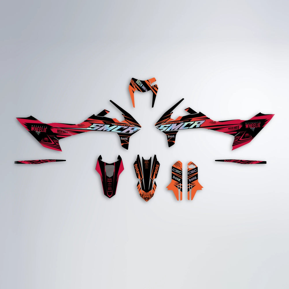 SEBBE ROSEN KTM SMC 690 graphics kit parts layout in Red & Orange