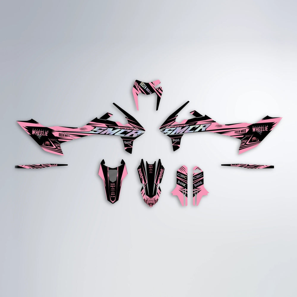 SEBBE ROSEN KTM SMC 690 graphics kit parts layout in Sakura Pink