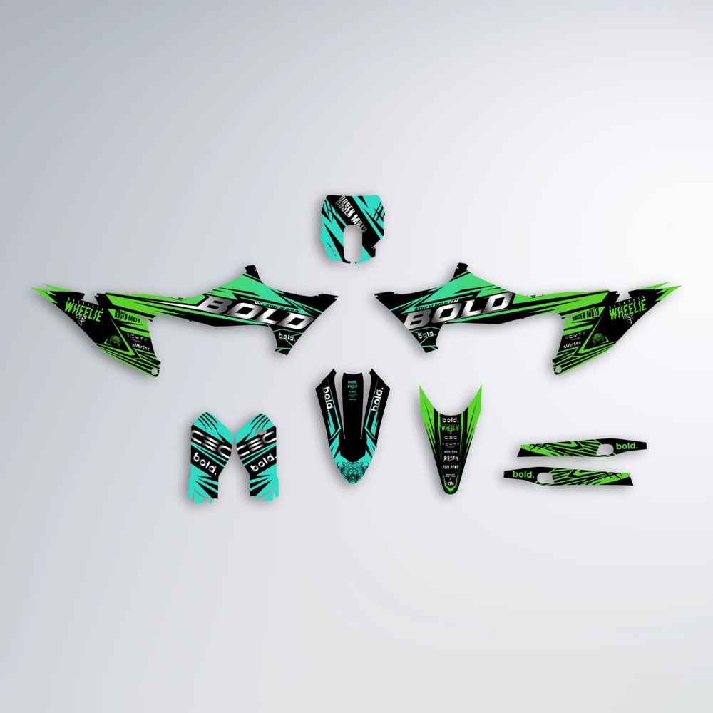 SEBBE ROSEN Stark Varg MX graphics kit parts layout in Cyan & Green