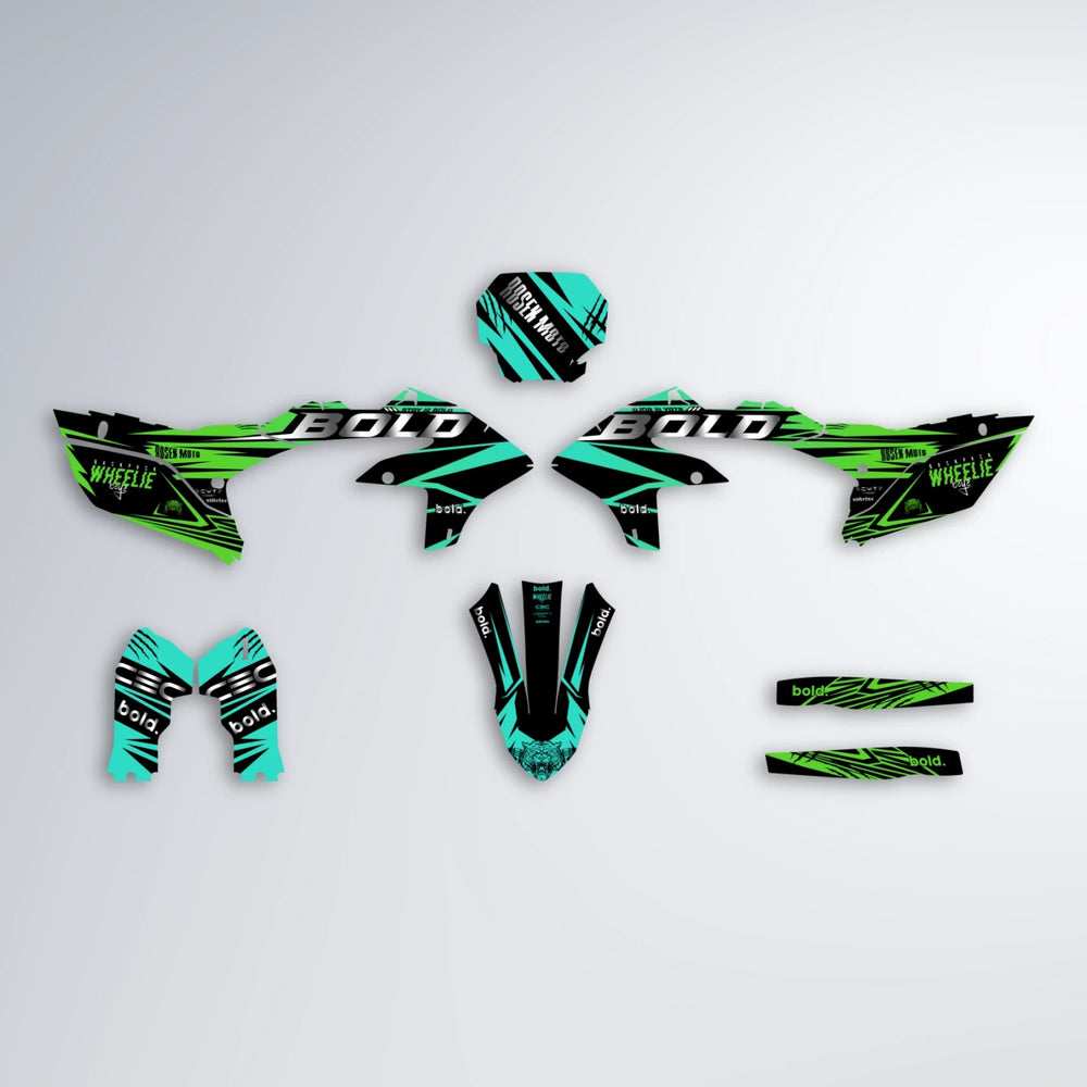 SEBBE ROSEN Yamaha YZF MX graphics kit parts layout in Cyan & Green