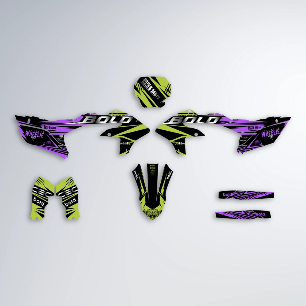 SEBBE ROSEN Yamaha YZF MX graphics kit parts layout in Purple & Yellow