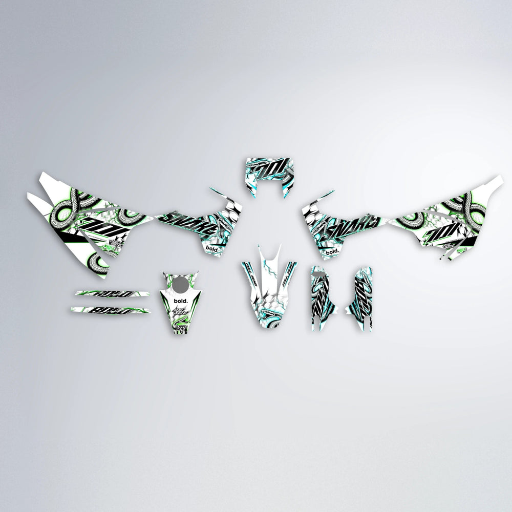 SERPENT Husqvarna 701 graphics kit parts layout in Cyan & Green