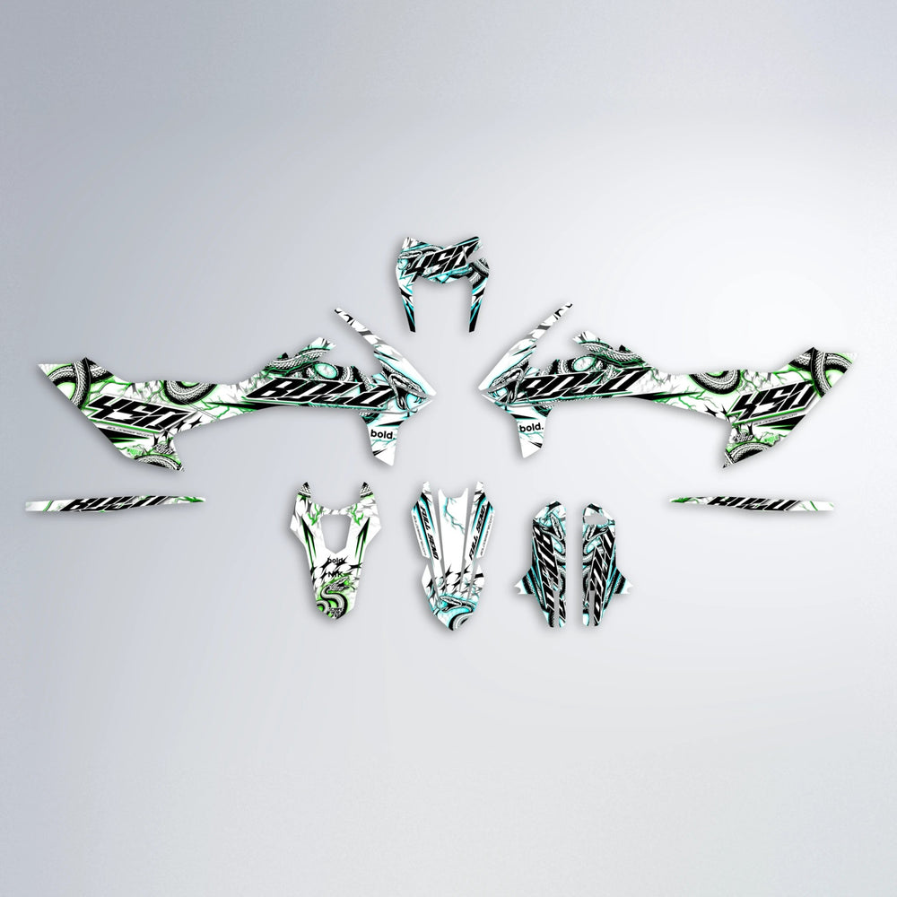 SERPENT KTM SMC 690 graphics kit parts layout in Cyan & Green
