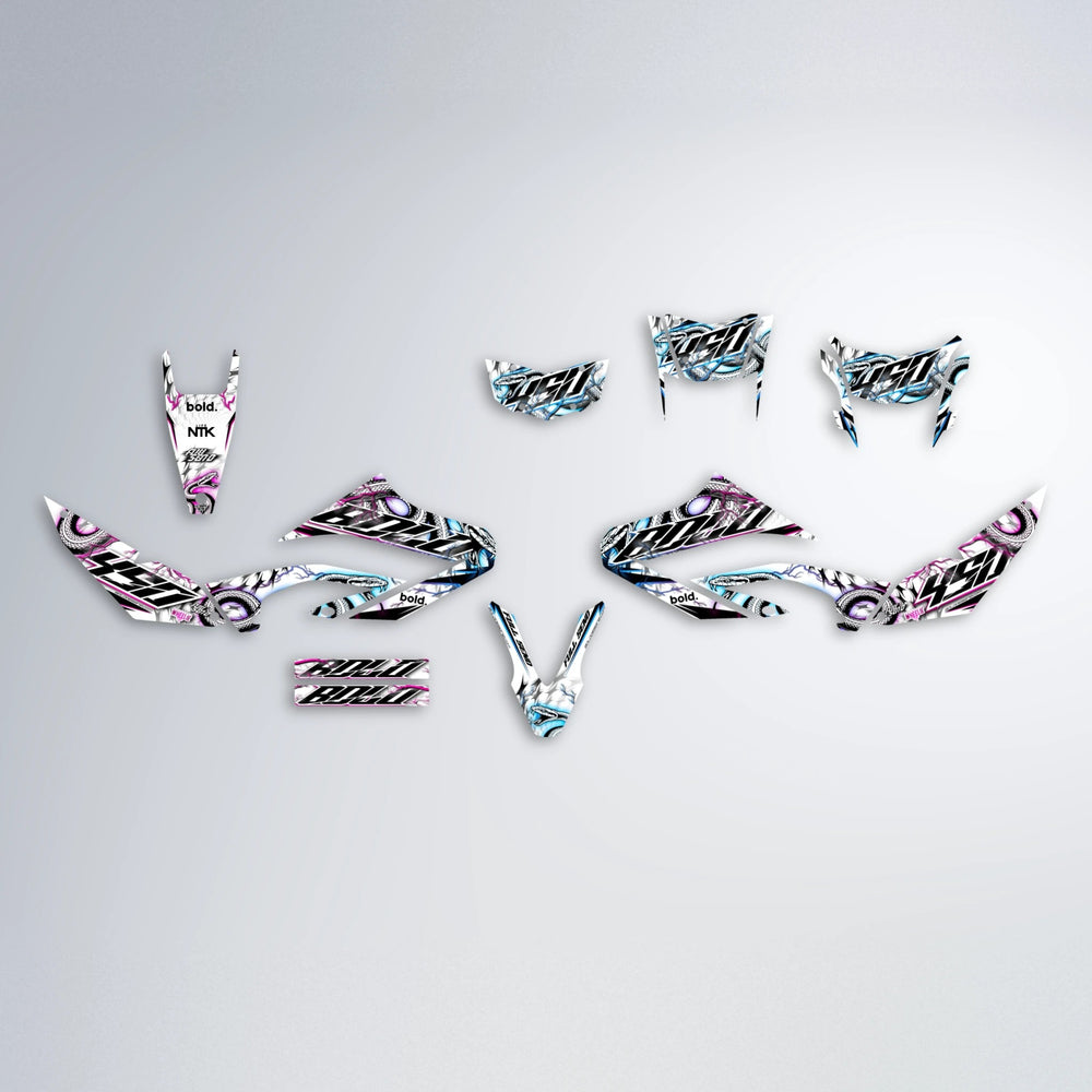 SERPENT Yamaha WR 125X graphics kit parts layout in Pink & Light Blue