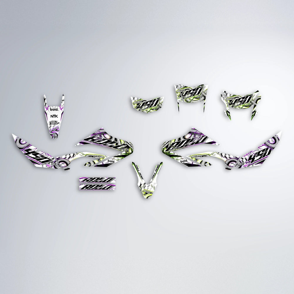 SERPENT Yamaha WR 125X graphics kit parts layout in Purple & Yellow