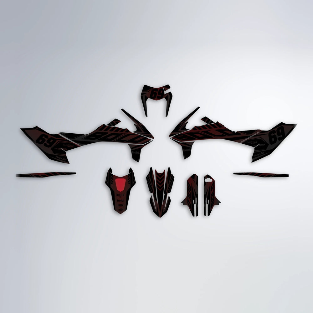 SHADE KTM SMC 690 graphics kit parts layout in Black & Red