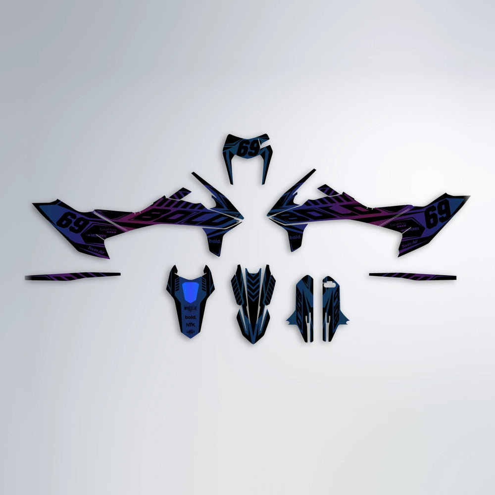 SHADE KTM SMC 690 graphics kit parts layout in Blue Purple Fade