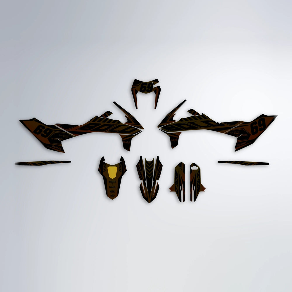SHADE KTM SMC 690 graphics kit parts layout in Orange & Yellow