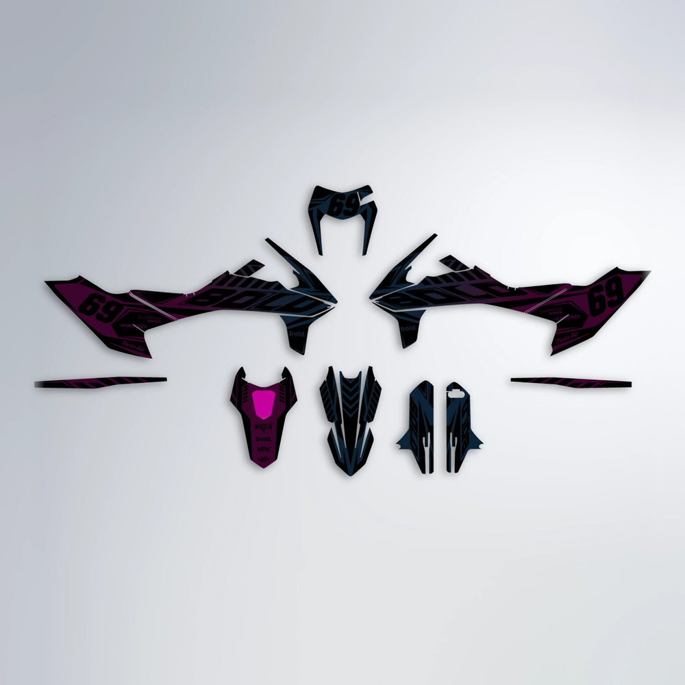 SHADE KTM SMC 690 graphics kit parts layout in Pink & Light Blue
