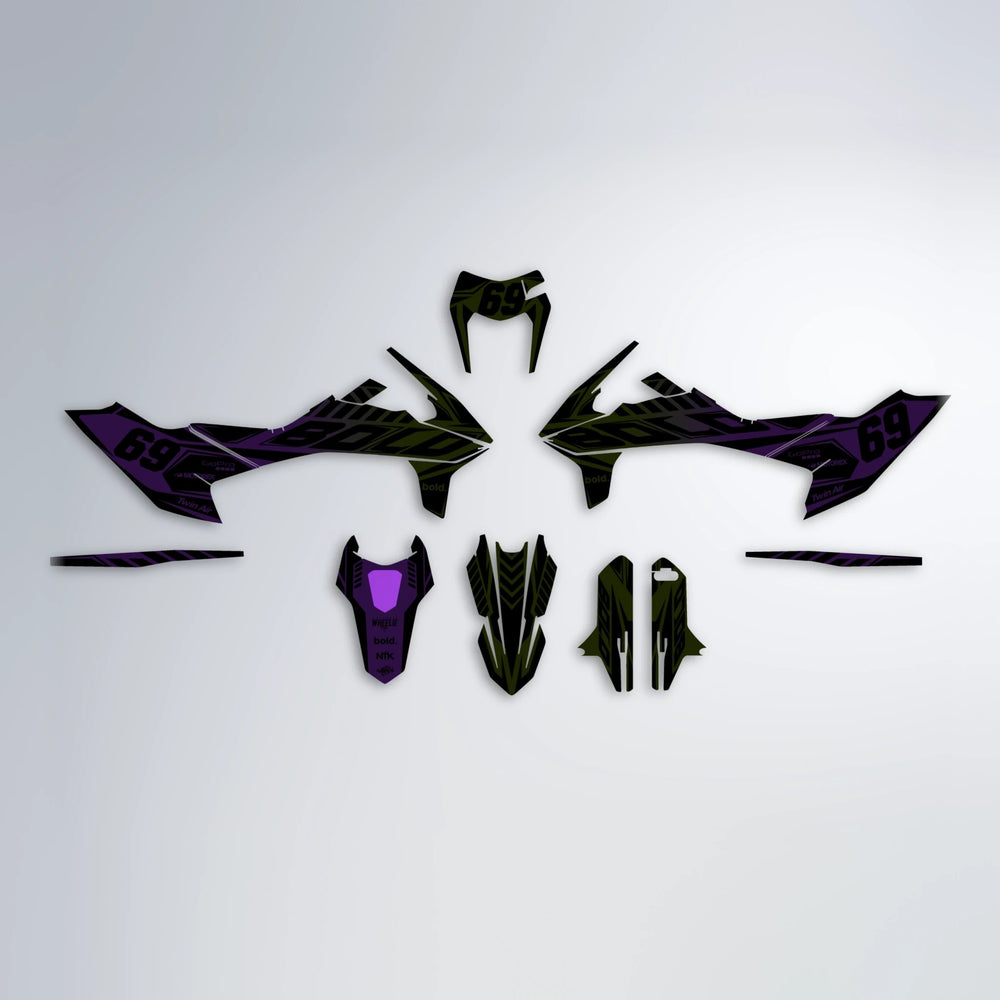 SHADE KTM SMC 690 graphics kit parts layout in Purple & Yellow