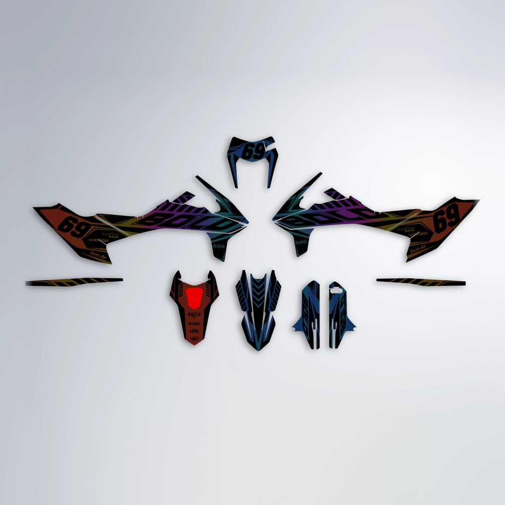 SHADE KTM SMC 690 graphics kit parts layout in Sunset Fade