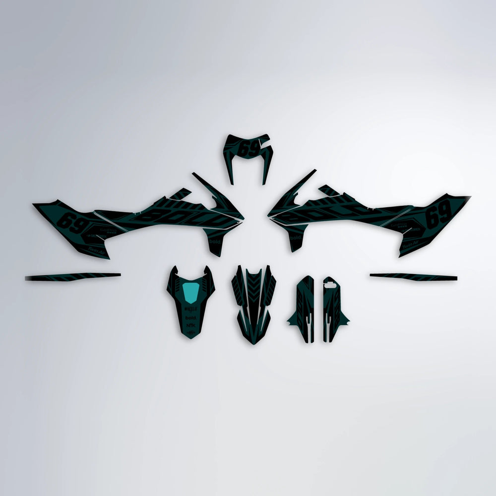 SHADE KTM SMC 690 graphics kit parts layout in Teal
