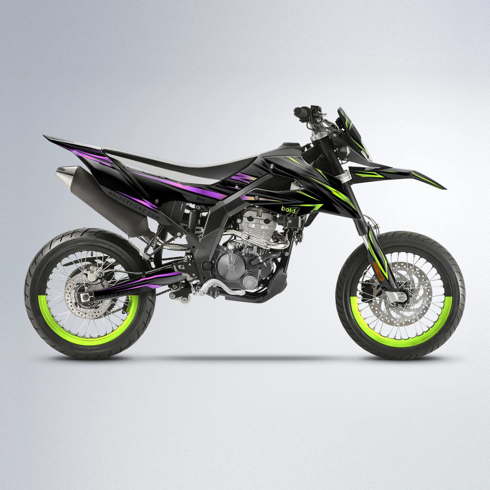 SKITZ Aprilia SX 125 supermoto graphics kit in Purple & Yellow